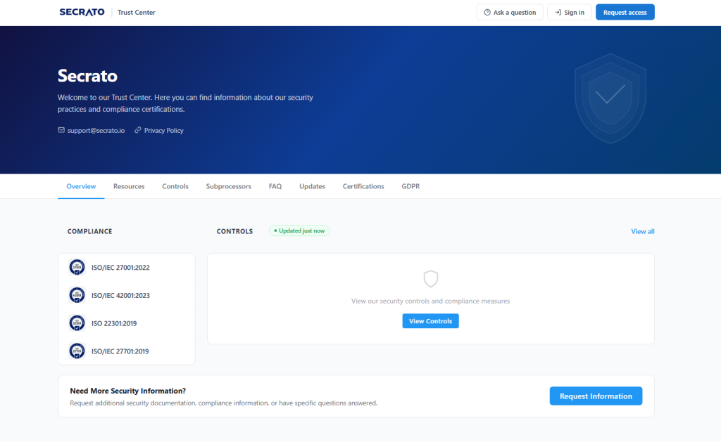 Secrato trust center software dashboard for sharing security and compliance information
